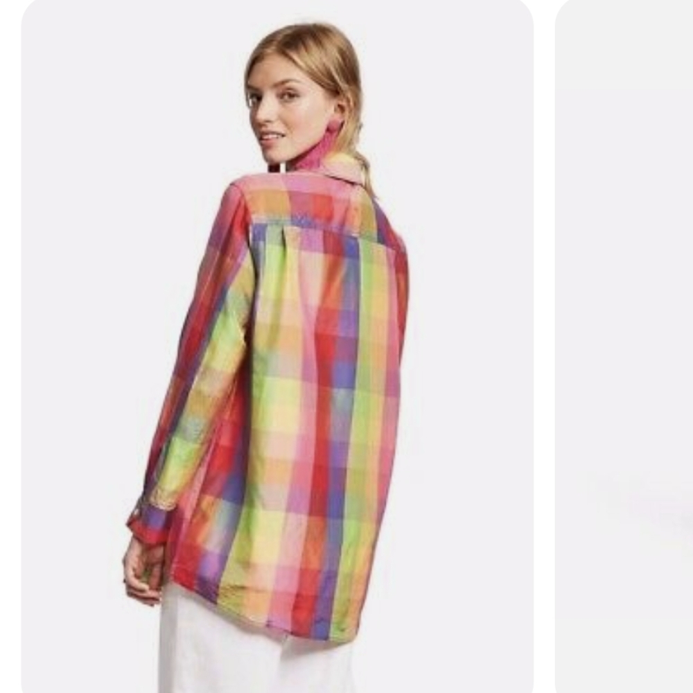 Isaac Mizrahi | Silk Blouse Rainbow Plaid Button Down Women’s Top (For Target) - Picture 7 of 8